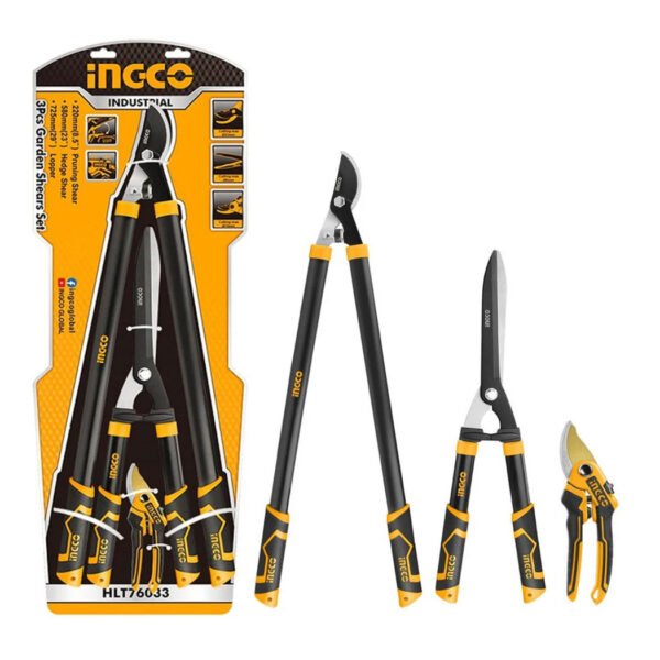 Kit de 3 cisailles de jardin INGCO HLT76033 avec sécateur, cisaille à haie et coupe-branches en acier traité