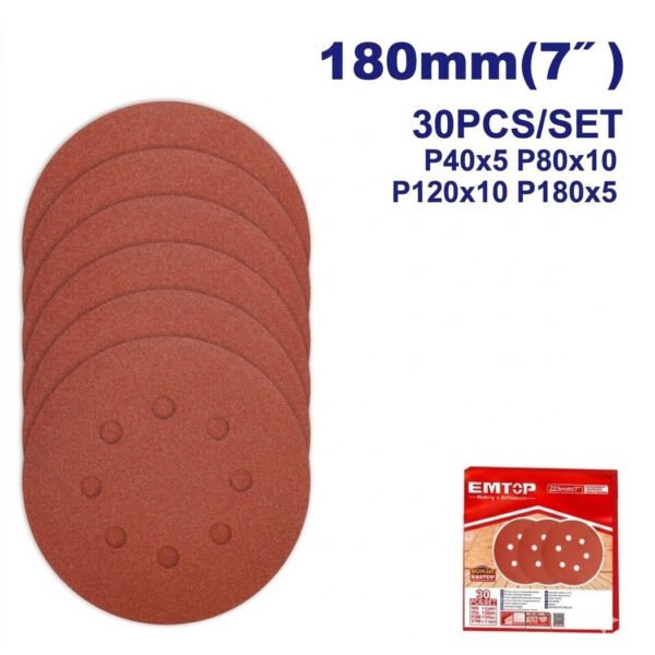 Feuilles abrasives EMTOP EKRS180030 180 mm lot de 30 pour ponceuse et travaux de finition