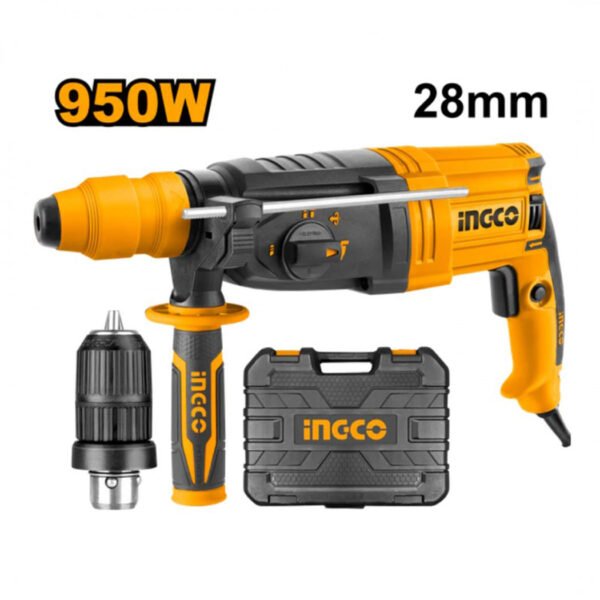 Marteau perforateur filaire INGCO RGH9528-2 950W SDS-Plus 28mm pour béton, acier et bois avec fonction percussion.