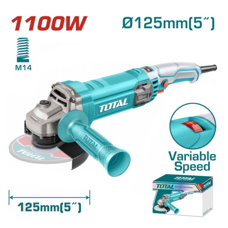 Meuleuse d’angle TOTAL TG110125565 125 mm 1100W avec poignée auxiliaire pour travaux de coupe et meulage.