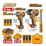 Kit INGCO COSLI251085 20V avec deux visseuses à choc 850Nm et 405Nm et lampe LED de travail avec mode intelligent AI et coffret de transport.