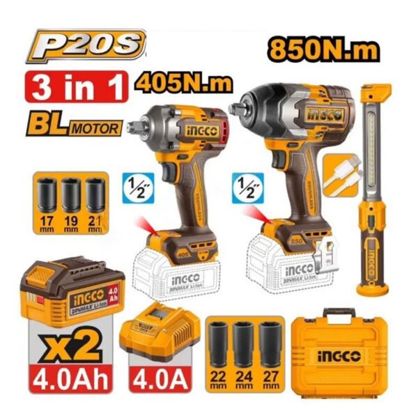 Kit INGCO COSLI251085 20V avec deux visseuses à choc 850Nm et 405Nm et lampe LED de travail avec mode intelligent AI et coffret de transport.