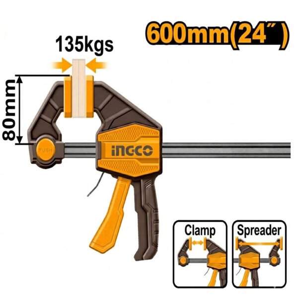 Serre-joint rapide 32 pouces pour menuiserie avec poignée ergonomique et mécanisme de serrage rapide.
