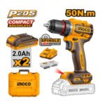 Visseuse perceuse sans fil INGCO CDLI205062 20V avec batteries, chargeur et coffret d’accessoires.