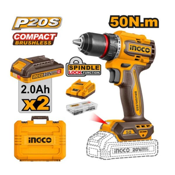Visseuse perceuse sans fil INGCO CDLI205062 20V avec batteries, chargeur et coffret d’accessoires.