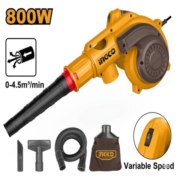 Souffleur aspirateur électrique INGCO AB8038 jaune et noir 800W avec sac à poussière et accessoires.