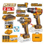 Kit combo sans fil INGCO CKLI20286 20V avec clé à choc 405Nm, perceuse à percussion brushless, batteries 2x2.0Ah et chargeur inclus.