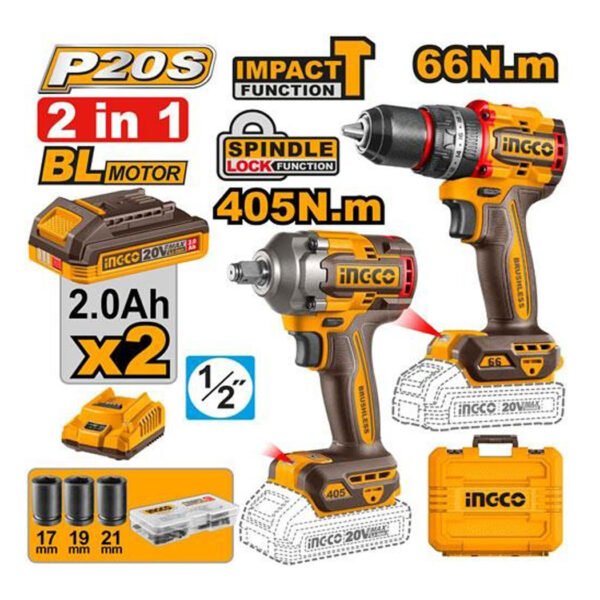 Kit combo sans fil INGCO CKLI20286 20V avec clé à choc 405Nm, perceuse à percussion brushless, batteries 2x2.0Ah et chargeur inclus.