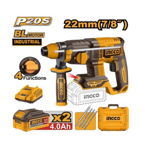 Marteau perforateur sans fil INGCO CRHLI212282 20V 22 mm avec moteur brushless et système SDS Plus