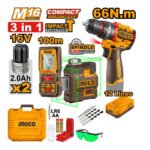 Ensemble INGCO COSLI250995 avec perceuse sans fil, niveau laser 3D et télémètre laser dans un coffret de transport.