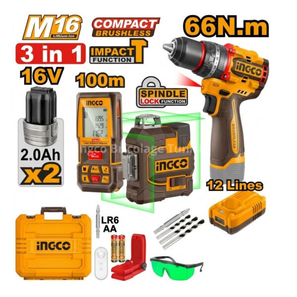 Ensemble INGCO COSLI250995 avec perceuse sans fil, niveau laser 3D et télémètre laser dans un coffret de transport.