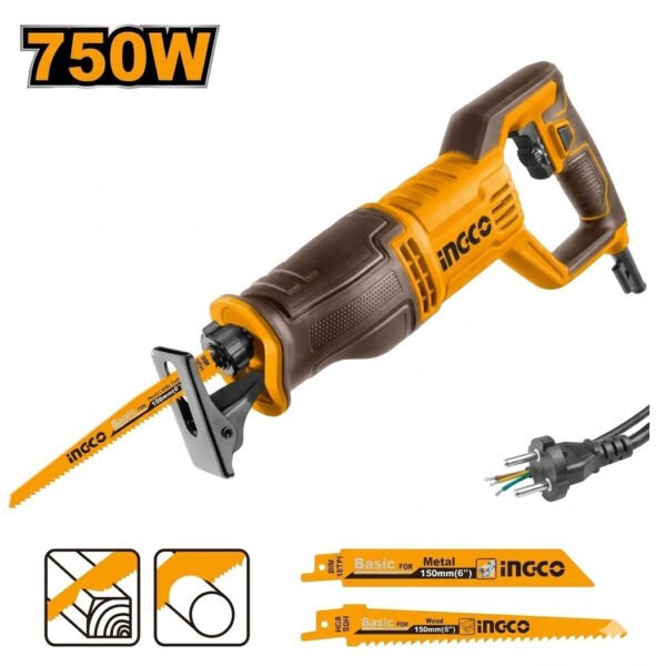 Scie sabre électrique INGCO RS7508 750W avec poignée ergonomique et lames de découpe pour bois et métal.